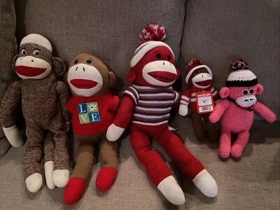 Lot of 5 Vintage Mix Sock Monkeys Handmade Stuffed Plush - Image 1 of 4