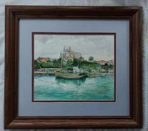 Original watercolor France/boat/Seine/Notre Dame, framed, double matted, signed - Picture 1 of 3
