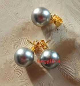 AAAA 16mm Perfect Round Gray Tahitian Shell Pearl Pendant earrings 14k gold set - Picture 1 of 4