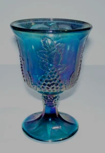 ANTIQUE VINTAGE CARNIVAL GLASS IRIDECENT HARVEST BLUE GRAPE WATER/WINE GOBLET - Picture 1 of 1