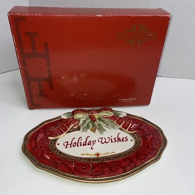 Fitz and Floyd Damask Holiday Wishes Sentiment Tray Christmas Platter 10”x6.5” - Image 1 of 4