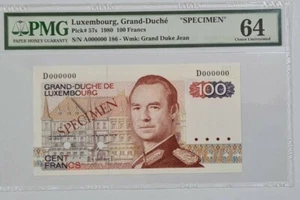 1980 LUXEMBOURG 100 Francs "SPECIMEN" PMG64 UNC {P-57s} 'No.186' - Picture 1 of 5