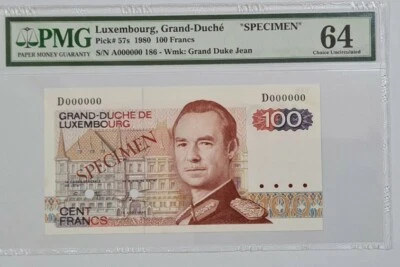 1980 LUXEMBOURG 100 Francs "SPECIMEN" PMG64 UNC {P-57s} 'No.186' - Image 1 of 4