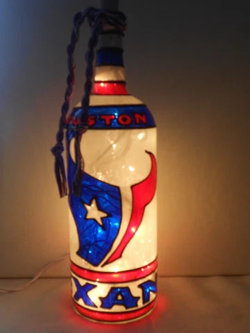 Houston Texans Inspiered Hand Painted Lighted Wine Bottle Stained Glass look Cover
