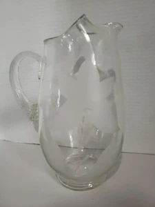 Vintage Small Glass Beverage Juice Pitcher with Ice Lip Etched Floral Print 7" - Picture 1 of 6