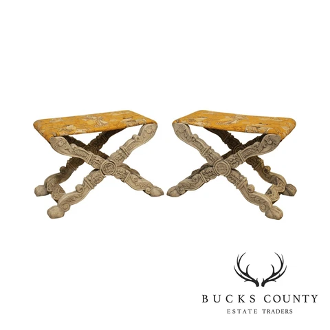 Italian Baroque Style Carved Pair X Base Benches or Stools Cover