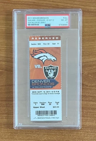 PSA 8 - VON MILLER DEBUT 2011 NFL RAIDERS @ DENVER BRONCOS FULL FOOTBALL TICKET Cover