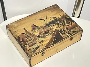 Ancienne Boite En Bois PYROGRAVE Décor Alsace Cigogne Signée Boli - Picture 1 of 17