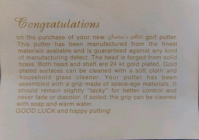 Sutter's Mill 24K Gold Plated Putter RH 35" SAS Shoemakers in Box W/HC - Image 1 of 4