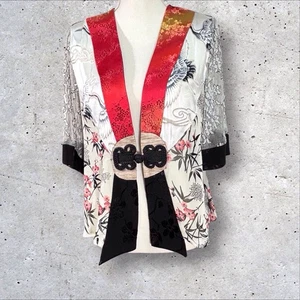 Vintage Spencer Alexis Jacket Lace Sleeve Artsy Asian Top Birds Petite Large 90s - Picture 1 of 7