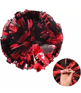Set of 2 Metallic Cheerleading Sprit Pom Poms with Plastic Handle Red & Black - Picture 1 of 10