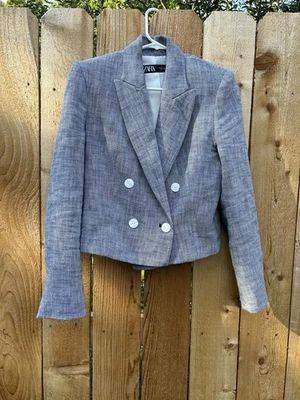 Zara White Blue Houndtooth Double-Breasted Blazer Size M Mother of Pearl Buttons - Image 1 of 4