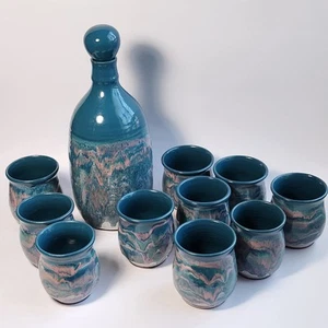 Studio Art Pottery Ceramic Decanter And Cups Ripple Glaze Set of 11 Signed - Picture 1 of 23