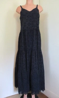 ESPLÉNDIDO MAXI VESTIDO DE SOL NUEVO CON ETIQUETAS ALGODÓN AZUL MARINO CON OJALES CON GRADAS CORREA DE ESPAGUETI, TALLA M Foto 1 de 4