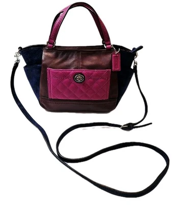 Coach Park Quilted Colorblock Leather Suede Mini Tote Satchel Blue Wine F49865 - Image 1 of 4