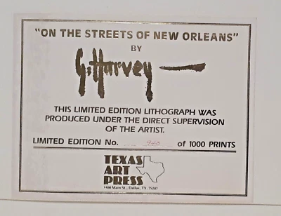 G. Harvey "En las calles de Nueva Orleans" SN 943/1000 1981 26,5" x 15,75" + Certificado de autenticidad Foto 1 de 4