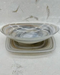 Vietri Art Glass 9” Oval Bowl & 7.75”Square Dish Alabaster Swirl Gray Tan TURKEY - Picture 1 of 24
