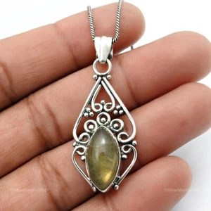 Marquise Natural Labradorite 925 Sterling Silver Boho Ethnic Pendant Jewelry - Picture 1 of 8