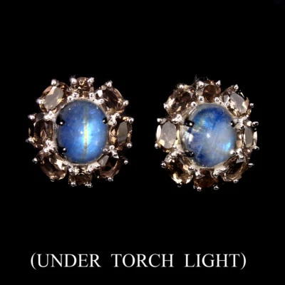 Pendientes de plata de ley 925 ovalados piedra lunar cuarzo ahumado piedras preciosas joyería Foto 1 de 4