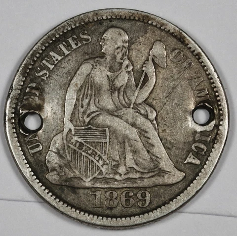 1869-s Seated Liberty Dime.  Double Holed.  XF Detail.  185820 Cover