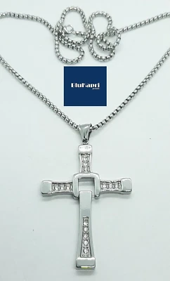 Collana uomo con ciondolo croce a spessore crocifisso zirconi bianchi T.  catena - Immagine 1 di 4