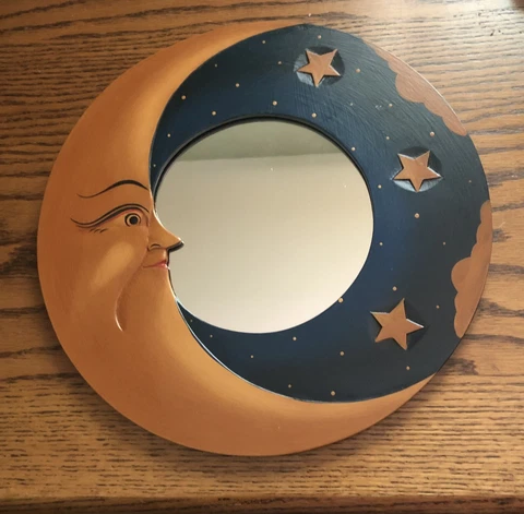BALI MOON & STARS MIRROR 13” Hand Carved & Painted Natural colors NEW Cover