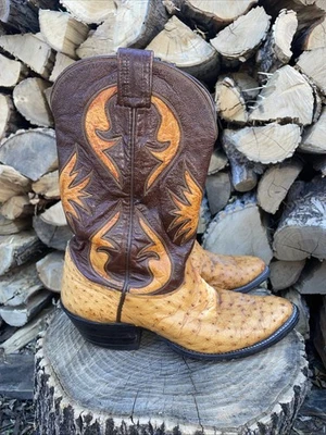 Botas de caubói masculinas Olathe-Vintage couro avestruz 10 D marrom faroeste fabricadas nos EUA - Imagem 1 de 4