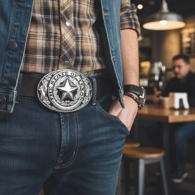 男式银色金属 Rodeo 皮带扣西部时尚牛仔德克萨斯州孤星 — 第 1/4 张图片