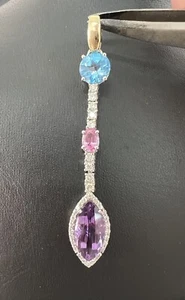 14K Gold Natural 6.36CT Marquise Amethyst Topaz Tourmaline Diamond Pendant NEW - Picture 1 of 19