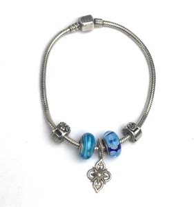 925 Sterling Silver Chamilia Bracelet with 5 Charms Blue - Picture 1 of 7