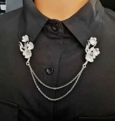 935 Silver With Fabulous Heavy Floral Flower Design With Chain Collar Men's Clip - Image 1 of 4