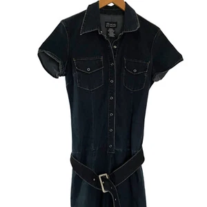 Vintage Y2K No Boundaries Belted Denim Jumpsuit L Flared Bell Bottoms Dark Wash - Picture 1 of 6