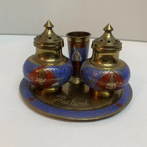 Vintage Asian Siam Brass Enamel Salt & Pepper Shakers Toothpick Holder Tray Set - Picture 1 of 6