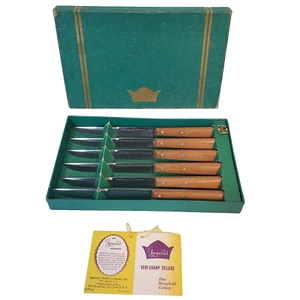 VTG Imperial 020 Veri Sharp Stainless Steel USA Knife Brown Wood Set of 6 Box - Picture 1 of 9