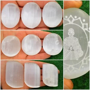 Selenite Crystal Polished Palm worry Stone Oval Round Engraved UK Quick Postage✔ - Picture 1 of 9