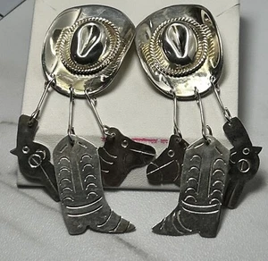 Sterling Silver 925 3D Cowboy Hat Boot Stud Dangle Post Earrings Taxco - Picture 1 of 5