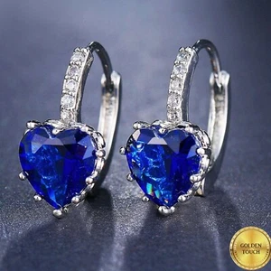 Womens Silver, Blue Sapphire Crystal Heart Hoop Earrings, Gold Plated, Gift /UK - Picture 1 of 7
