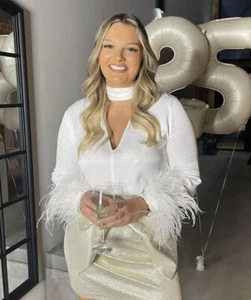 ZARA SATIN BLOUSE WITH FEATHERS OYSTER WHITE NEW FW23 SIZE L REF. 8212/428 - Picture 1 of 7