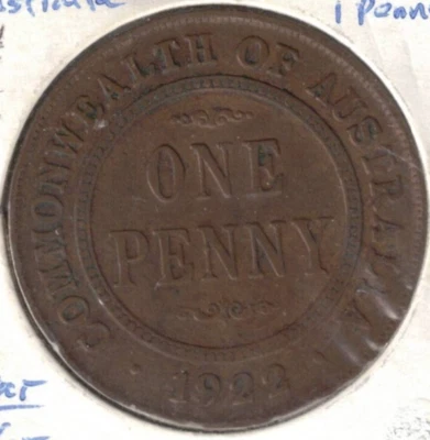 1922 Australia Circulated Penny KGV & Denomination within Circle Coin! #2 - Image 1 of 2