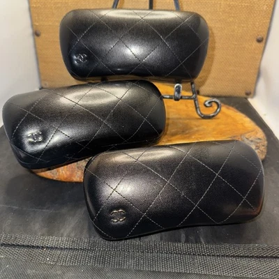 Lot of 3 Chanel Black Leather Diamond Stitch Sunglass Case Hardshell Italy (R) - Image 1 of 4