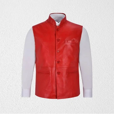 Street Style Vibe: Men’s Red Lambskin Button Leather Biker Waist - Image 1 of 3