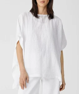 Eileen Fisher NWT Linen Cotton Sheer Check Poncho Top $168 SZ L / XL White - Picture 1 of 6