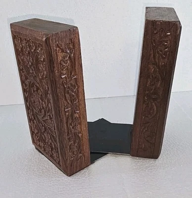 Vtg Bookends Hand-Carved Wooden Teak? Floral Motif 70s   2 Pcs Flowers Vines  - Image 1 of 4