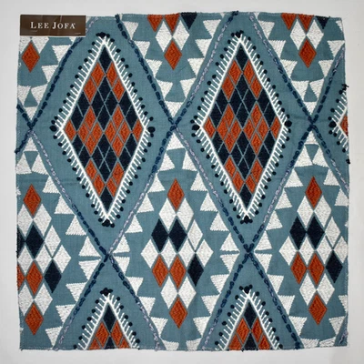 Lee Jofa CASTELO — INDIGO/SPICE Embroidered Cotton Fabric 19"x19" SAMPLE REMNANT - Image 1 of 4