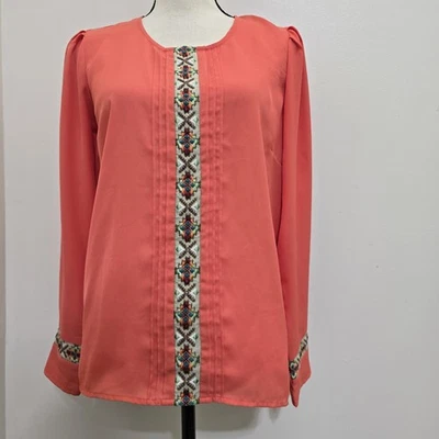 anthropologie NEEDLE & THREAD Medium Boho Embroidered Aztec Pleated Blouse Coral - Image 1 of 4
