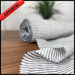 TESSUTO PURO LINO PER TENDE ABBIGLIAMENTO DIVANI SCAMPOLI AL METRO nero bianco - Picture 1 of 4