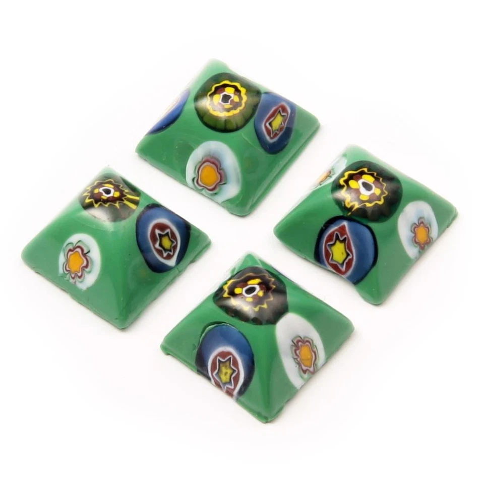 Lote (4) Cabujones de vidrio abovedado cuadrado verde millefiori checo vintage 15 mm Foto 1 de 3