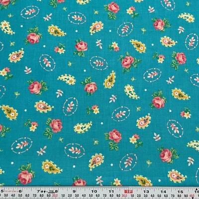 Vintage Kesslers Design Florals & Paisley Blue Cotton Fabric Remnant 23" x 44" - Image 1 of 2