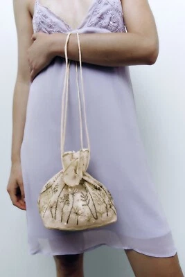 ZARA Oyster White Floral Embroidered Drawstring Bucket Bag Limited Edition - Image 1 of 4