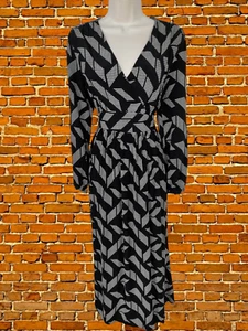 M&S COLLECTION UK 8 BLACK WHITE MIX BLOUSON LONG SLEEVED V NECK LONG TEA DRESS - Picture 1 of 8